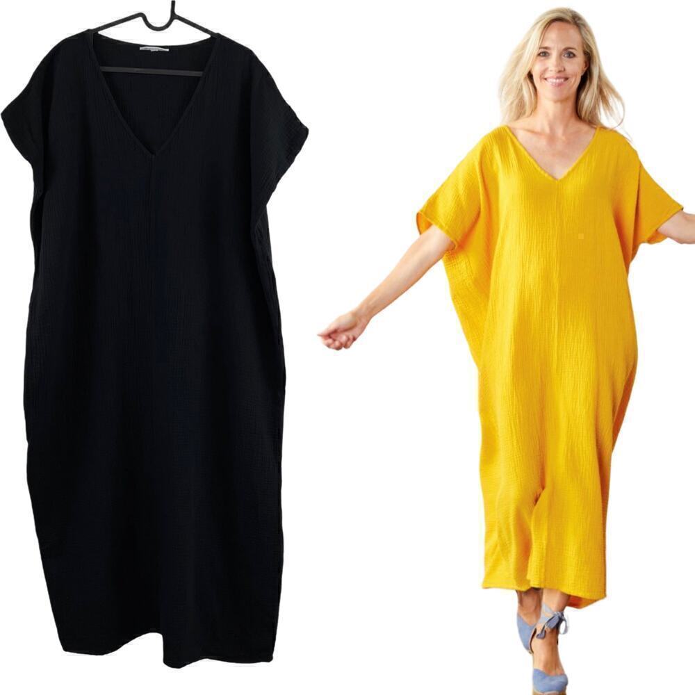 Bryn Walker Black Cotton Gauze Lagenlook Long Poncho Caftan Size XXS Resortwear